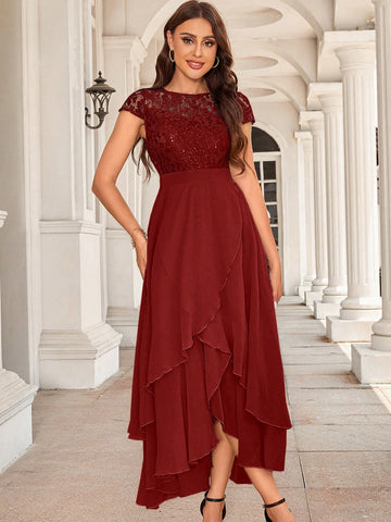 Contrast Lace Wrap Hem Bridesmaid Dress
