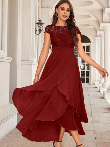 Contrast Lace Wrap Hem Bridesmaid Dress