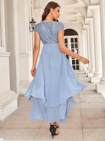 Contrast Lace Wrap Hem Lace Bodice Chiffon Party Dress