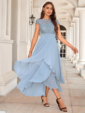 Contrast Lace Wrap Hem Lace Bodice Chiffon Party Dress