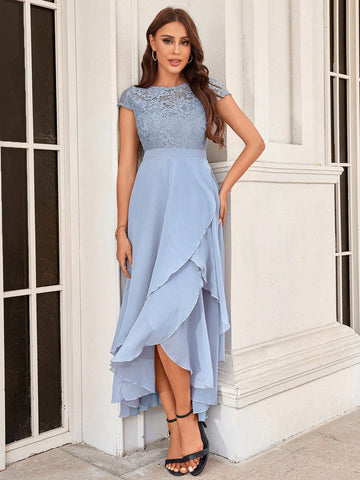 Contrast Lace Wrap Hem Lace Bodice Chiffon Party Dress