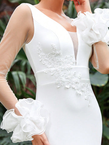 Contrast Mesh Appliques Split Thigh Floor Length Weddings Dress