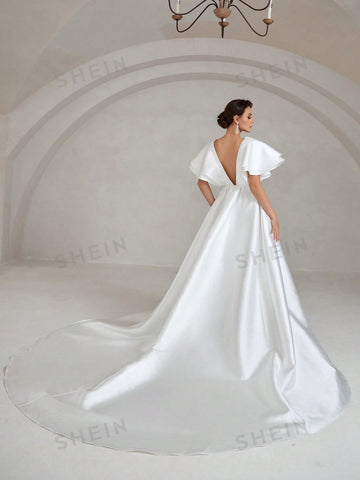 Contrast Mesh Butterfly Sleeve Satin Wedding Dress