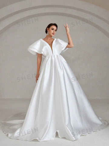 Contrast Mesh Butterfly Sleeve Satin Wedding Dress