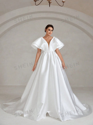 Contrast Mesh Butterfly Sleeve Satin Wedding Dress