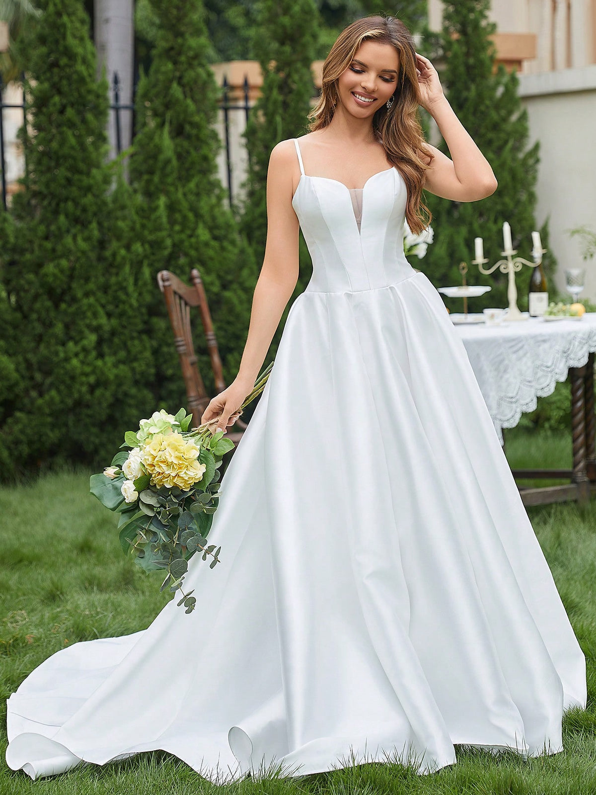 Contrast Mesh Cami Wedding Dress
