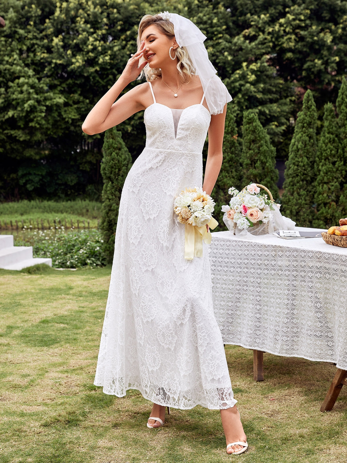 Contrast Mesh Lace Up Back Lace Bridesmaid Dress