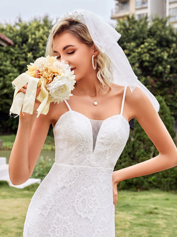 Contrast Mesh Lace Up Back Lace Bridesmaid Dress