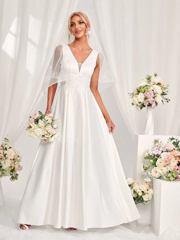 Contrast Mesh Lace Up Backless Wedding Dress