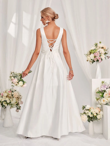 Contrast Mesh Lace Up Backless Wedding Dress