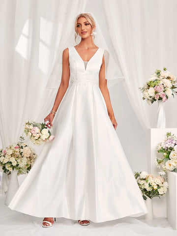 Contrast Mesh Lace Up Backless Wedding Dress