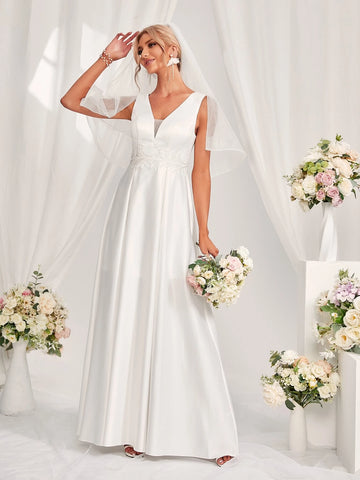 Contrast Mesh Lace Up Backless Wedding Dress