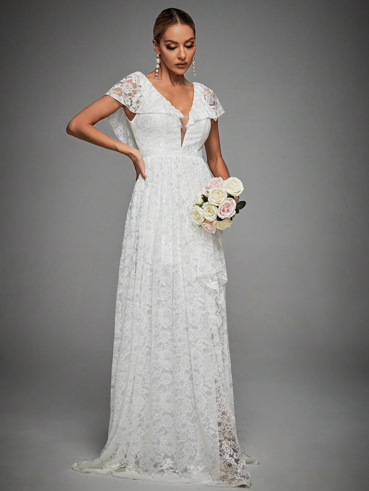 Contrast Mesh Maxi Lace Wedding Dress