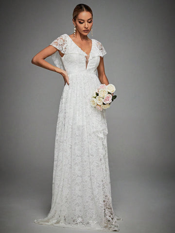 Contrast Mesh Maxi Lace Wedding Dress