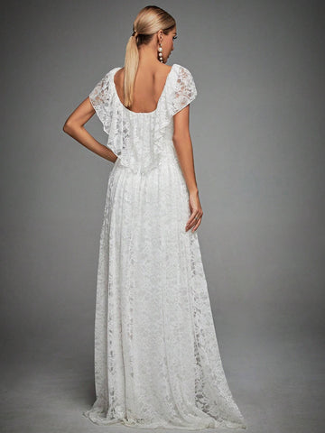 Contrast Mesh Maxi Lace Wedding Dress