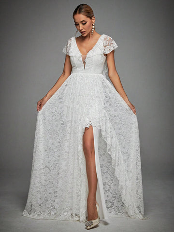 Contrast Mesh Maxi Lace Wedding Dress