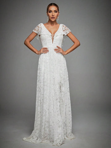 Contrast Mesh Maxi Lace Wedding Dress