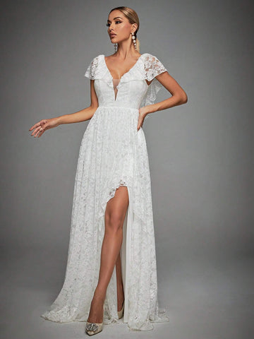 Contrast Mesh Maxi Lace Wedding Dress