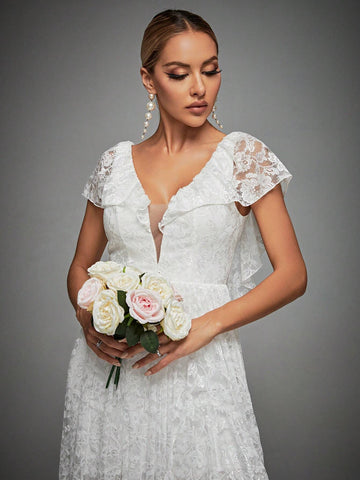 Contrast Mesh Maxi Lace Wedding Dress