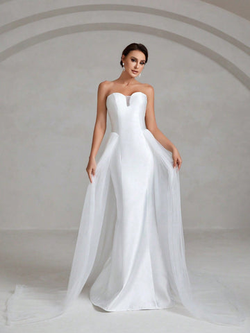 Contrast Mesh Mermaid Hem Satin Tube Wedding Dress