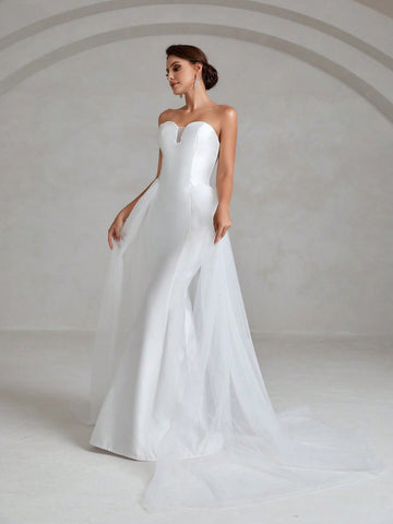 Contrast Mesh Mermaid Hem Satin Tube Wedding Dress