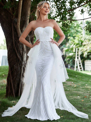 Contrast Mesh Mermaid Hem Tube Wedding Dress With Mesh Skirt