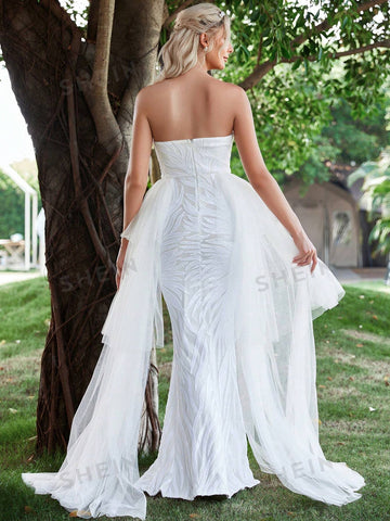 Contrast Mesh Mermaid Hem Tube Wedding Dress With Mesh Skirt