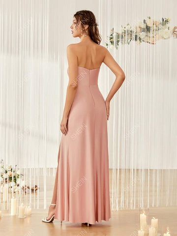 Contrast Mesh Rhinestone Split Thigh Bridesmaid Dress
