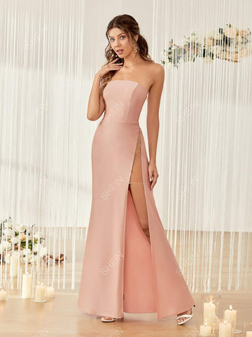 Contrast Mesh Rhinestone Split Thigh Bridesmaid Dress
