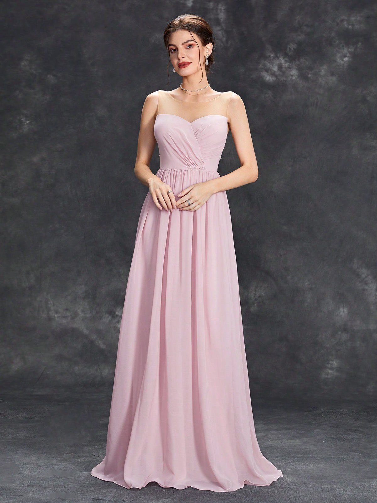 Contrast Mesh Ruched Bustier Chiffon Bridesmaid Dress