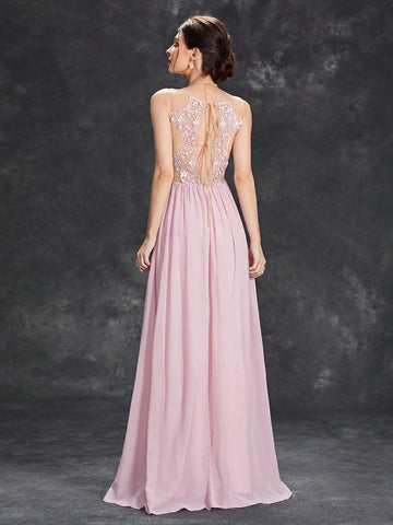 Contrast Mesh Ruched Bustier Chiffon Bridesmaid Dress