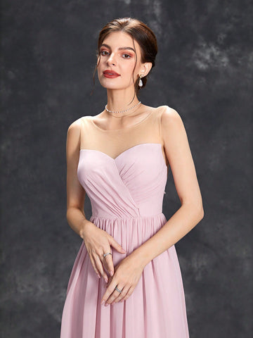 Contrast Mesh Ruched Bustier Chiffon Bridesmaid Dress