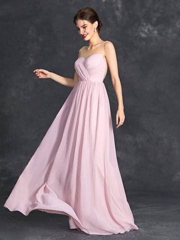 Contrast Mesh Ruched Bustier Chiffon Bridesmaid Dress