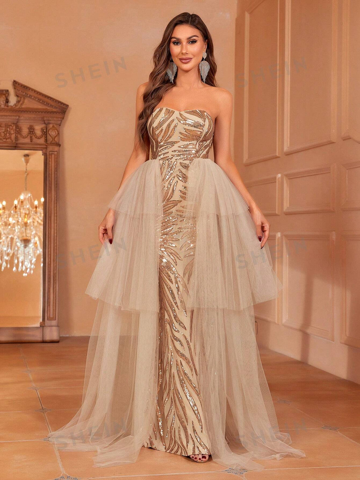 Contrast Mesh Sequin Tube Wedding Dress