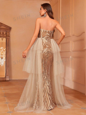Contrast Mesh Sequin Tube Wedding Dress