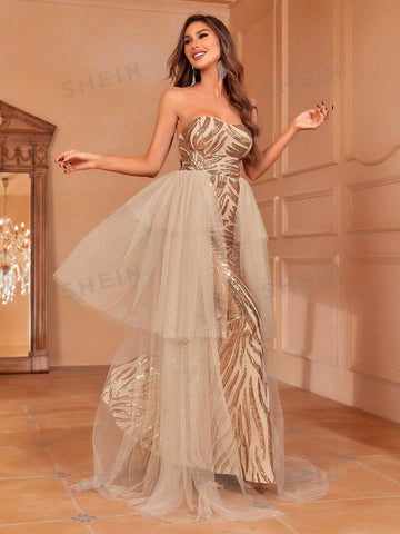 Contrast Mesh Sequin Tube Wedding Dress