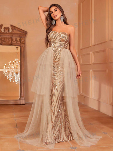 Contrast Mesh Sequin Tube Wedding Dress