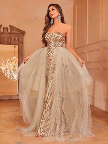 Contrast Mesh Sequin Tube Wedding Dress