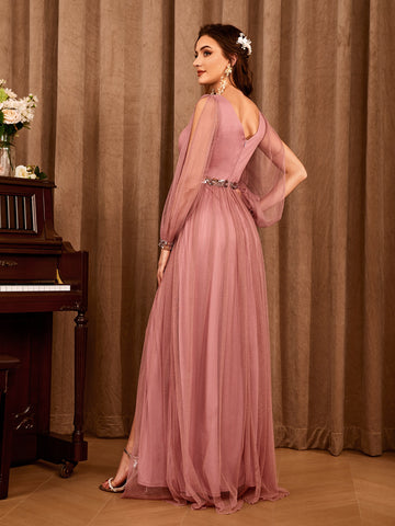 Contrast Mesh Split Thigh Bridesmaid Dress