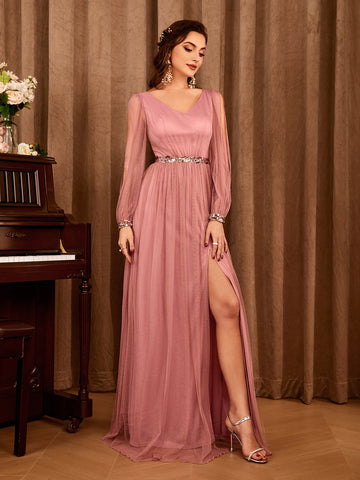 Contrast Mesh Split Thigh Bridesmaid Dress