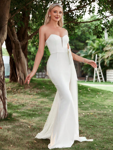 Contrast Mesh Split Thigh Tube Wedding Dress