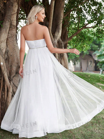 Contrast Mesh Tube Wedding Dress