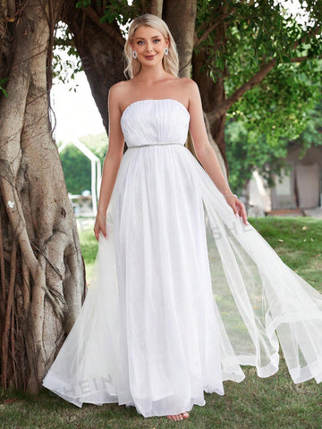Contrast Mesh Tube Wedding Dress
