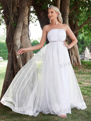 Contrast Mesh Tube Wedding Dress