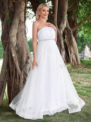 Contrast Mesh Tube Wedding Dress