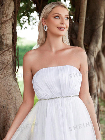 Contrast Mesh Tube Wedding Dress