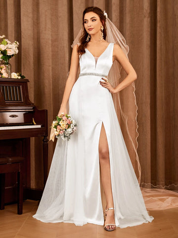 Contrast Mesh V Neck Wedding Dress