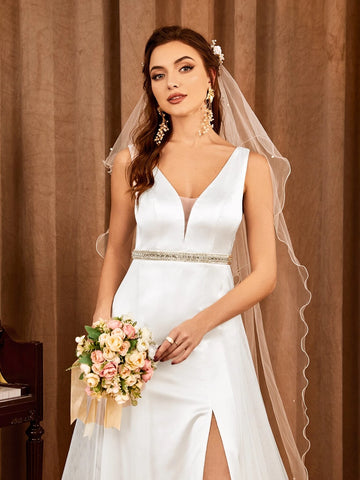 Contrast Mesh V Neck Wedding Dress