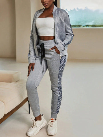 Contrast Plaid Side Seam Zip Up Jacket & Knot Waist Sweatpants