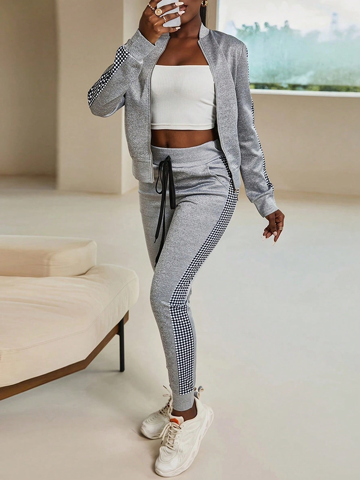 Contrast Plaid Side Seam Zip Up Jacket & Knot Waist Sweatpants